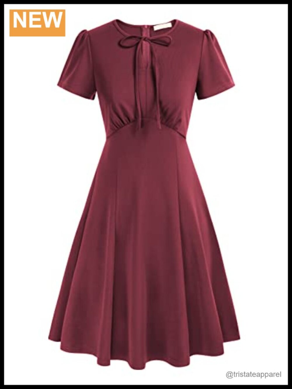 Belle Poque Retro A-Line Midi Dress Keyhole Tie Short Sleeve Swing Semi Formal